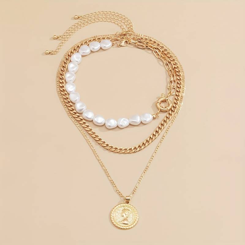 Perlen- und Vintage-Anhänger-Kette - 3 Teile Anhänger und Perlenhalskette