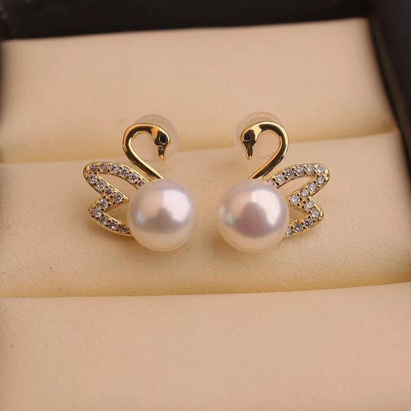 Gold Diamant Schwan Ohrringe - Goldene Schwanohrringe mit Perle