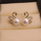 Gold Diamant Schwan Ohrringe - Goldene Schwanohrringe mit Perle