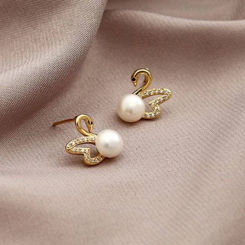 Gold Diamant Schwan Ohrringe - Goldene Schwanohrringe mit Perle