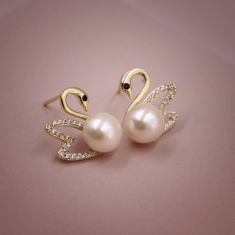 Gold Diamant Schwan Ohrringe - Goldene Schwanohrringe mit Perle
