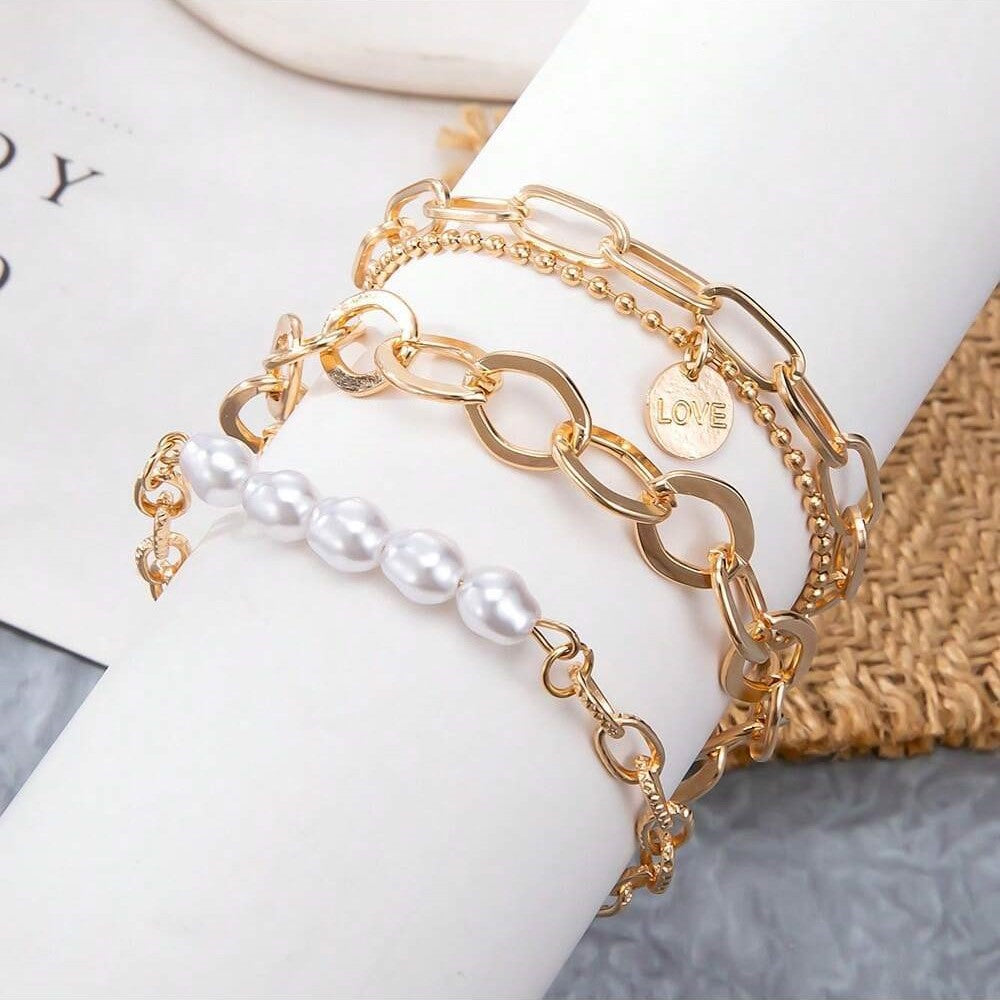 3-teiliges goldenes Perlenarmband - großes Kettenset