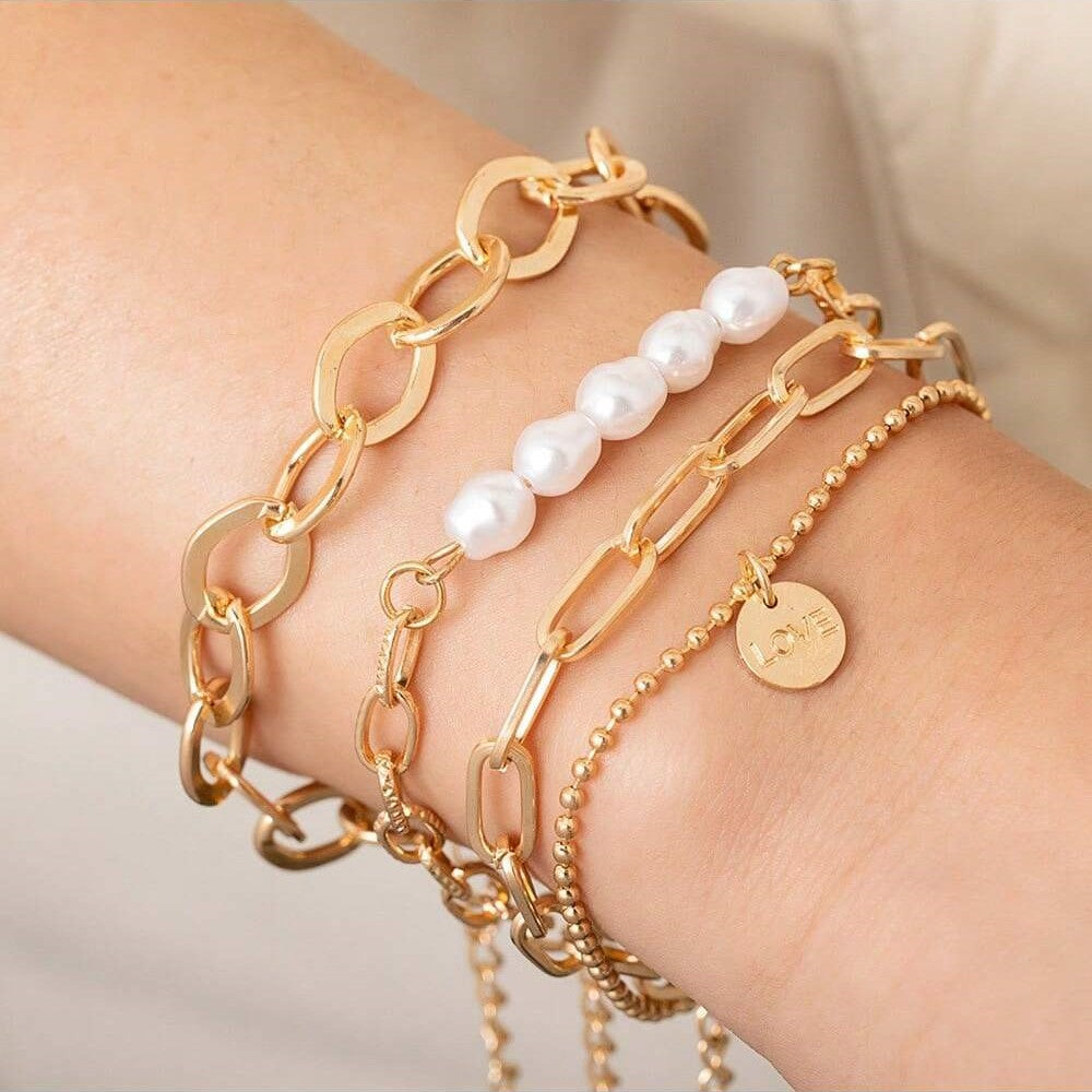 3-teiliges goldenes Perlenarmband - großes Kettenset