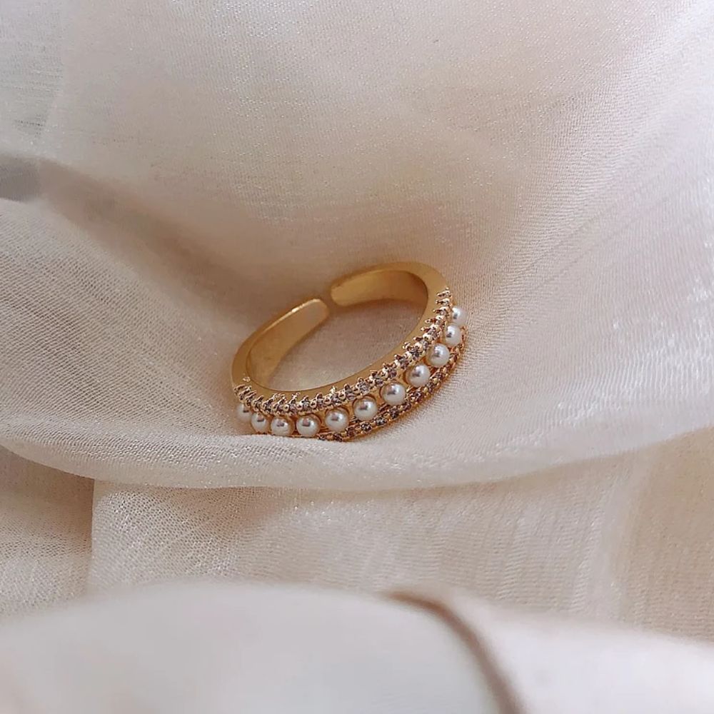 Damen Ring mit Verstellbarem Offenen Design, Perlenspiel und Steinakzenten