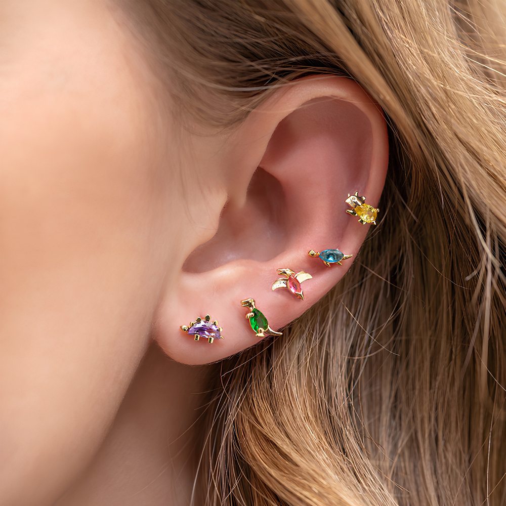 Damen Dino-Ohrringe im Paar mit Dinosaurier-Design und Schmuckstein-Details