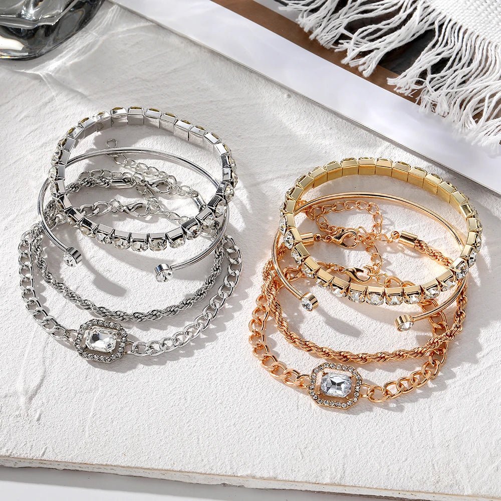 Damen 4-teiliges stapelbares Armband-Set mit Tennis Cuban Seilketten und offenem Design