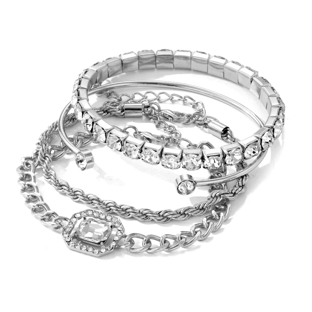 Damen 4-teiliges stapelbares Armband-Set mit Tennis Cuban Seilketten und offenem Design