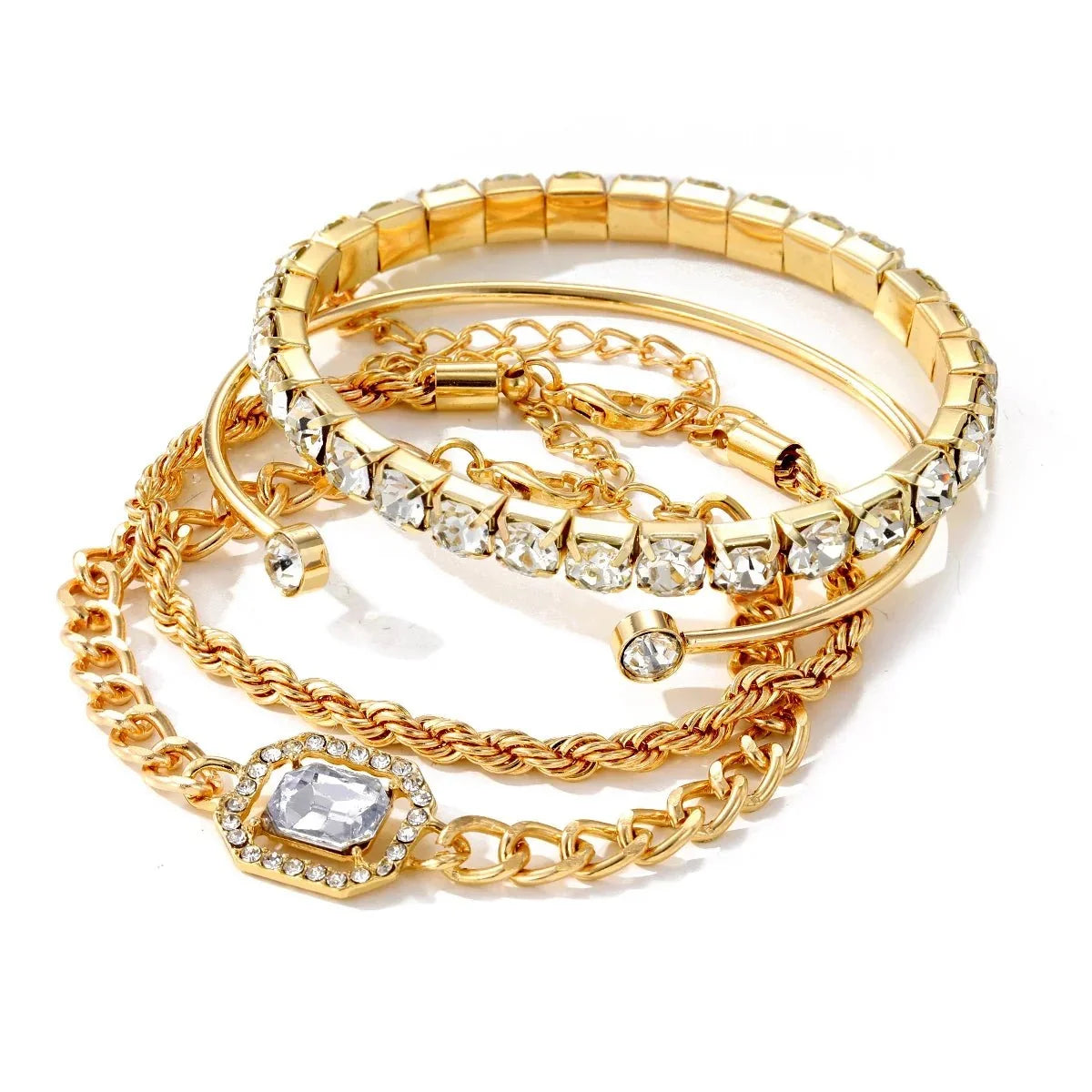 Damen 4-teiliges stapelbares Armband-Set mit Tennis Cuban Seilketten und offenem Design