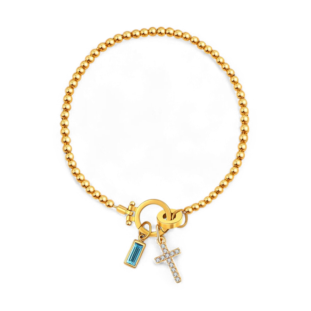 Eli – Geburtsstein-Armband mit Kreuzanhänger