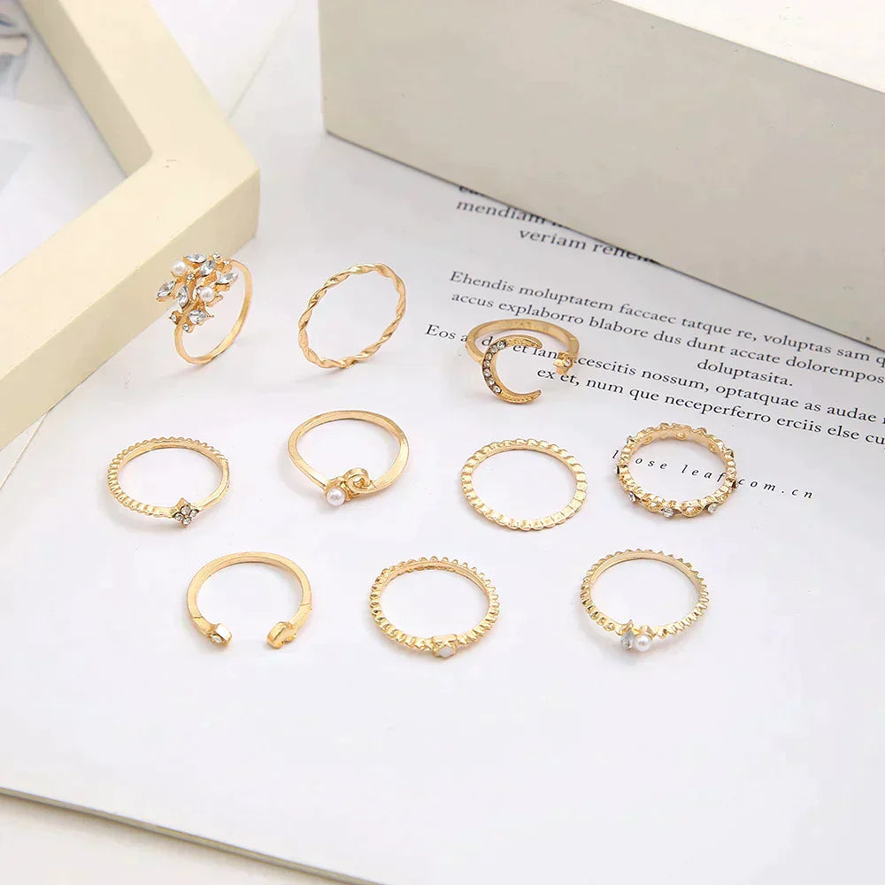 Anne – Set aus 10 Boho-Ringen in Gold und Silber