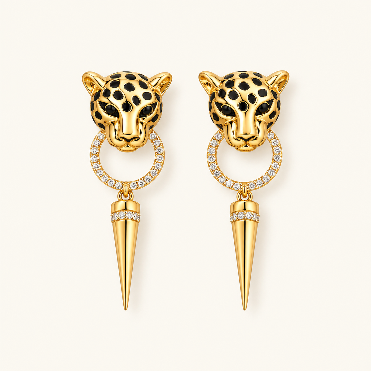 Damen Hängeohrringe mit Leopardenkopf, runden Anhänger und spitzem Detail