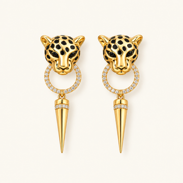 Damen Hängeohrringe mit Leopardenkopf, runden Anhänger und spitzem Detail