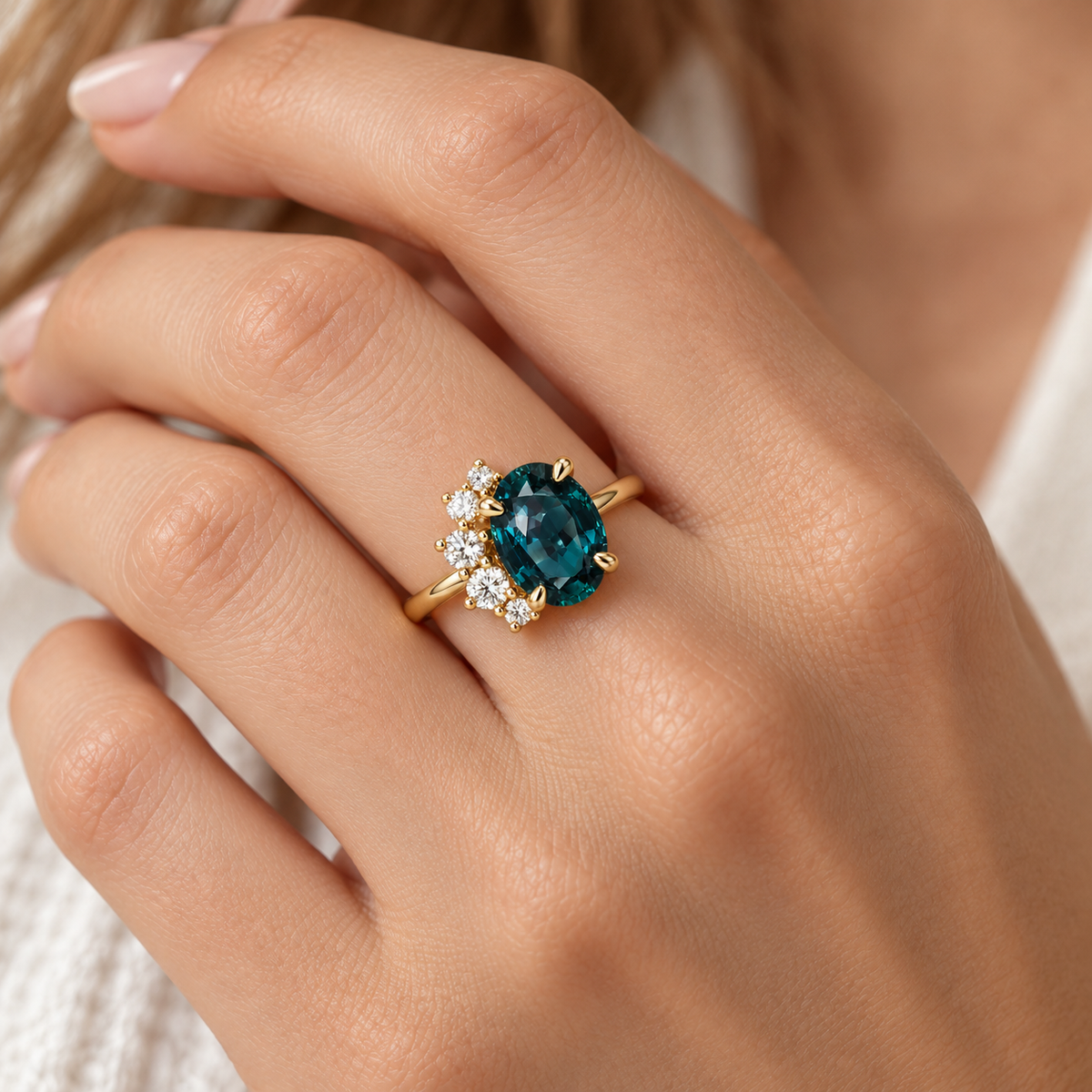 Damen Statement-Ring mit Ovalem Hauptstein und Asymmetrischen Steinakzenten