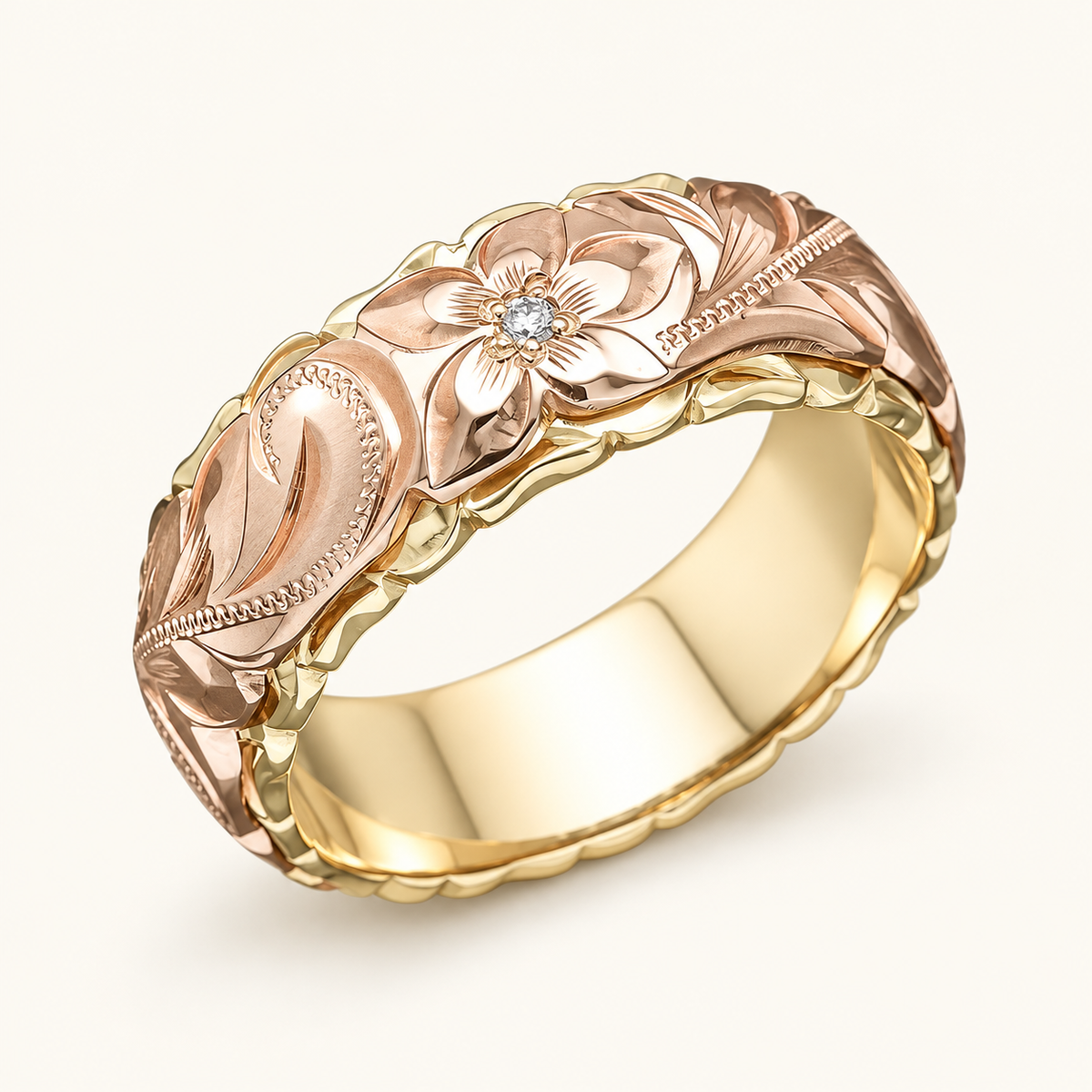 Damen Vintage-Ring mit Blütenmotiv und gravierten Blattverzierungen