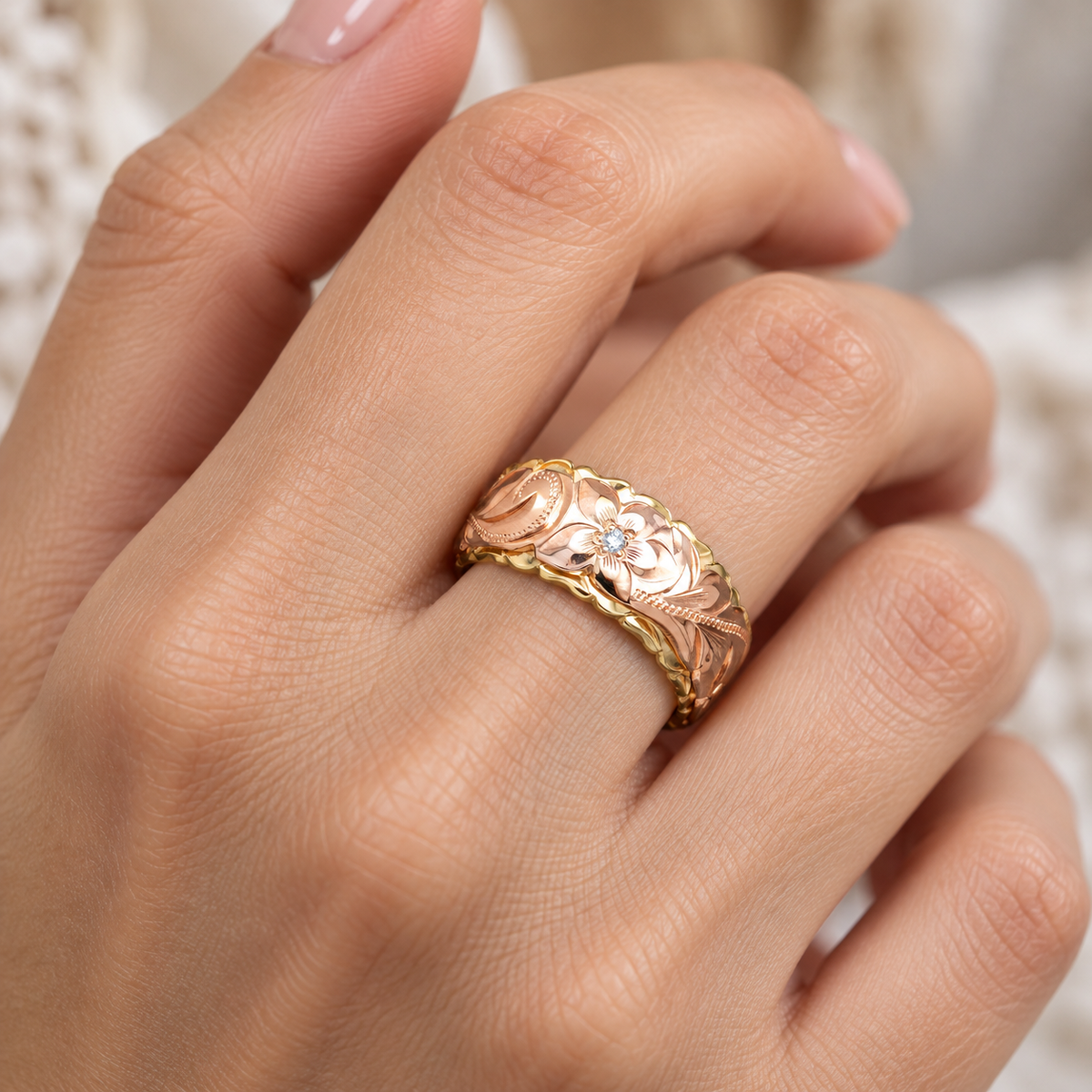 Damen Vintage-Ring mit Blütenmotiv und gravierten Blattverzierungen
