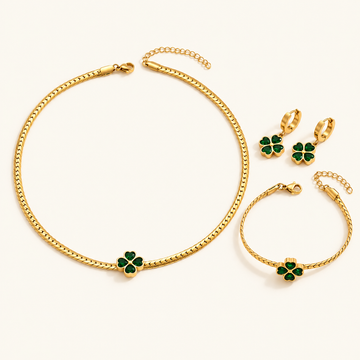 Damen 3-teiliges Schmuckset mit Vierblatt-Klee bestehend aus Halskette, Armband und Ohrringen