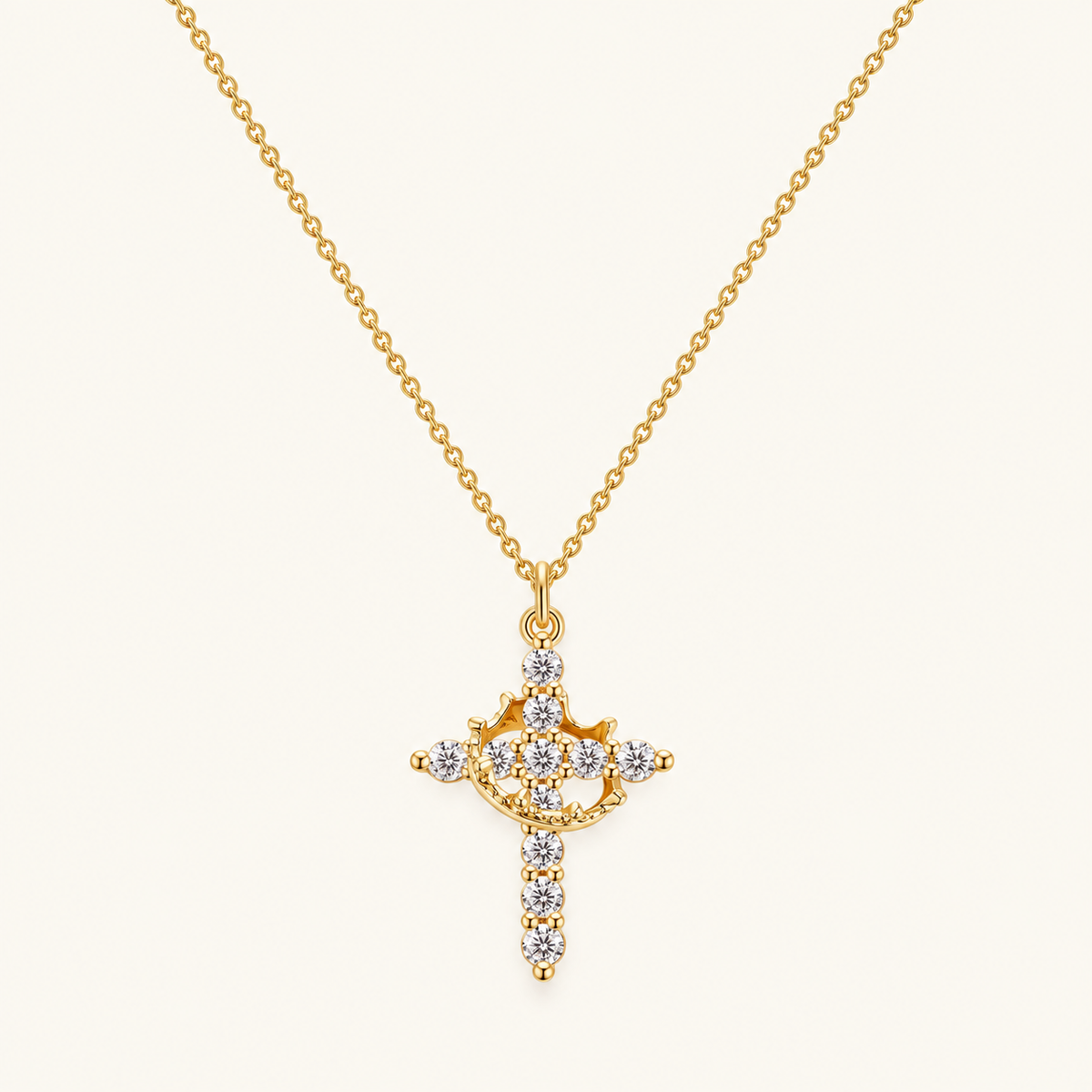 Damen Anhängerkette mit Kreuz- und Kronenmotiv und Steinbesatz