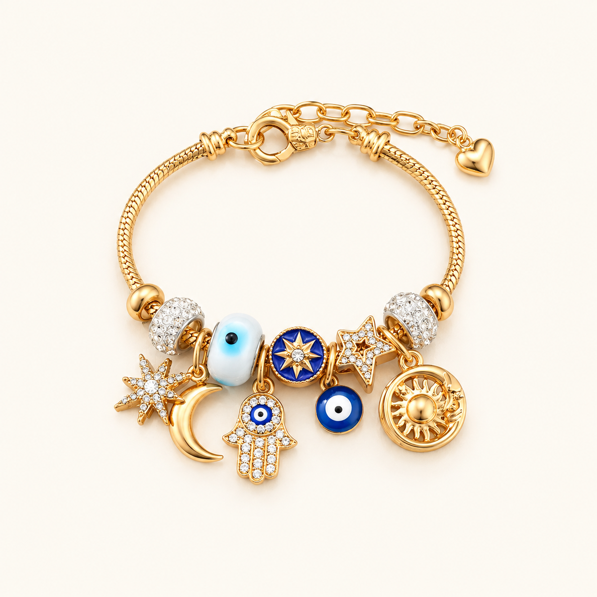 Charm-Armband für Damen mit Hamsa-Hand, bösem Auge und himmlischen Anhängern