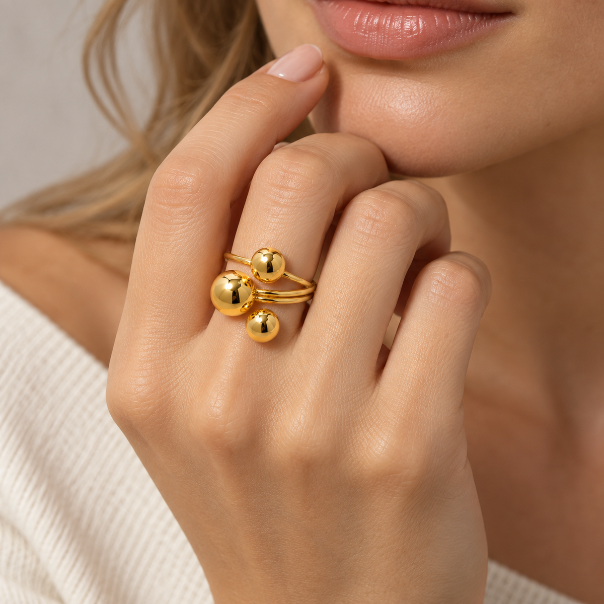 Verstellbarer Offener Ring für Damen mit Drei-Kugel-Design und Mehrband-Struktur