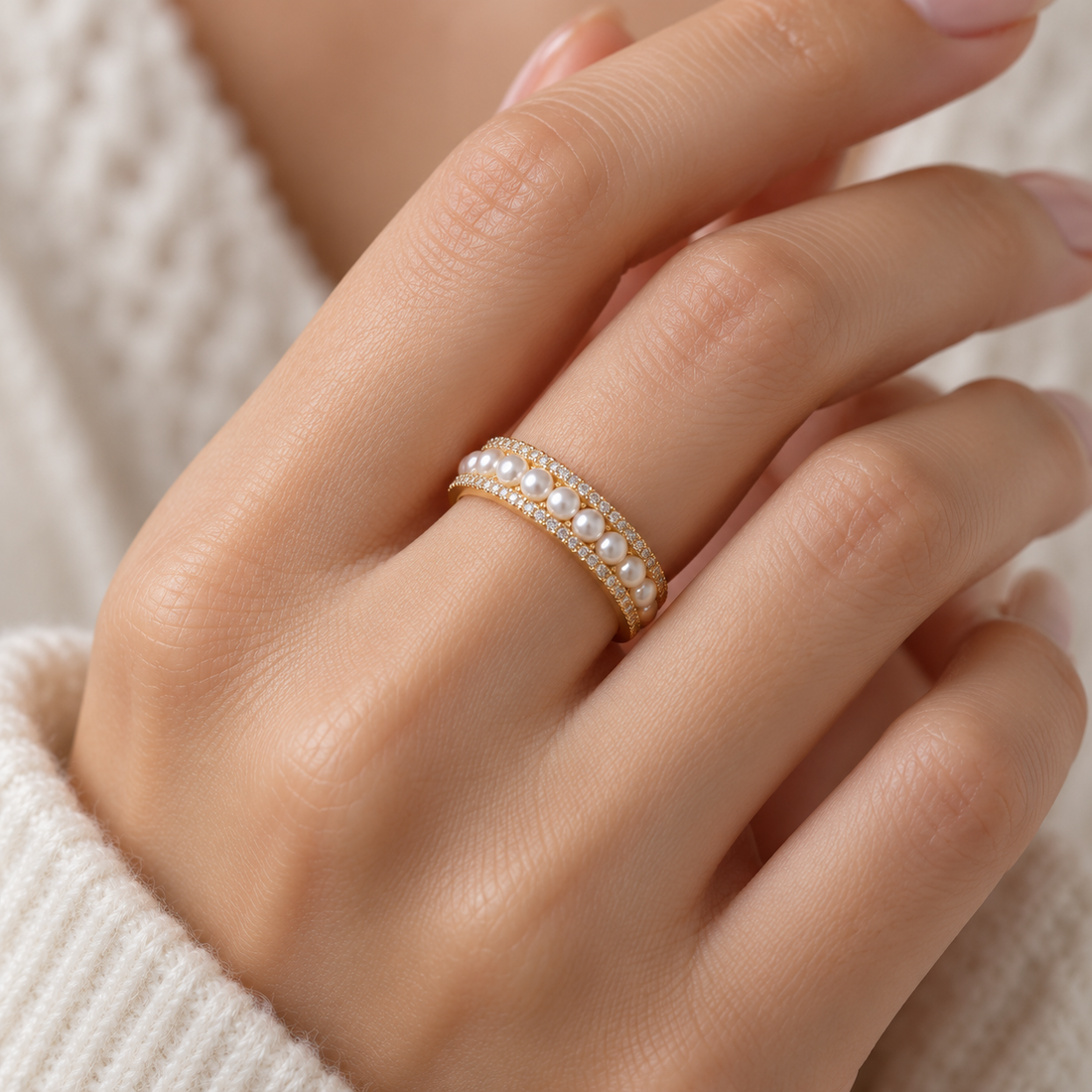 Damen Ring mit Verstellbarem Offenen Design, Perlenspiel und Steinakzenten