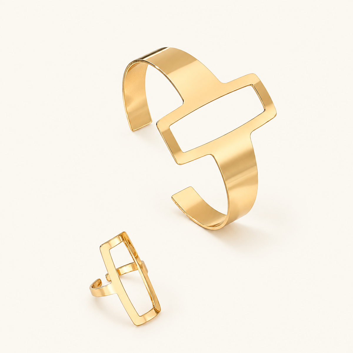 Verstellbares Armband- und Ring-Set für Damen mit geometrischem Rechteckmuster