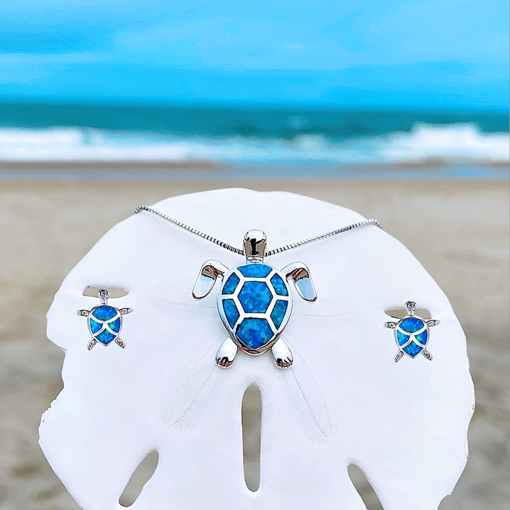 Kailea – Schmuckset Schildkröte aus Opal und Silber (Halskette + Ohrringe)