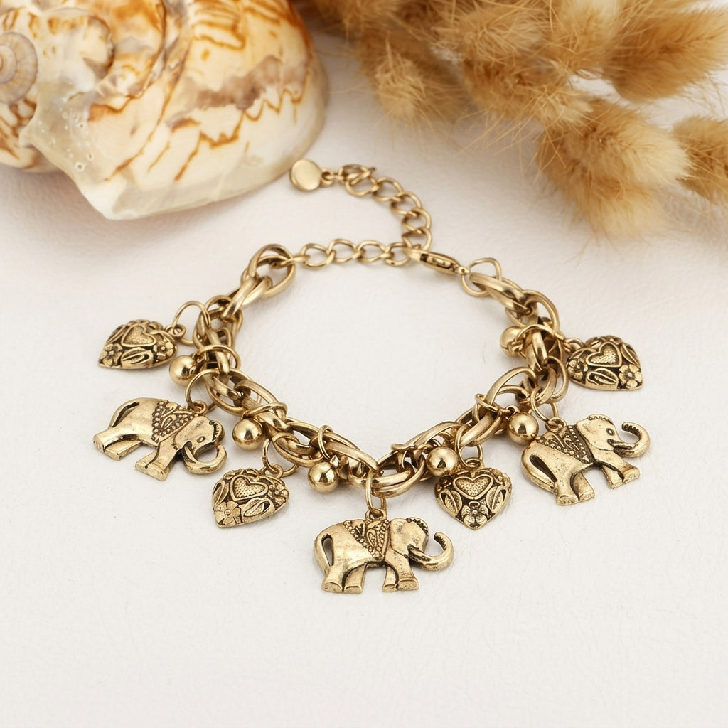 Damen Vintage Fußkette mit Elefanten- und Herzanhängern