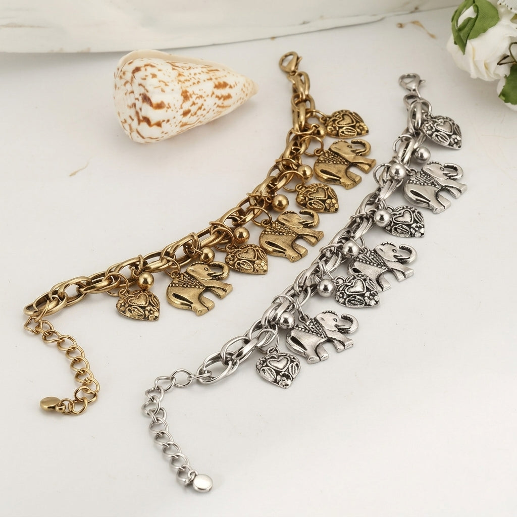 Damen Vintage Fußkette mit Elefanten- und Herzanhängern