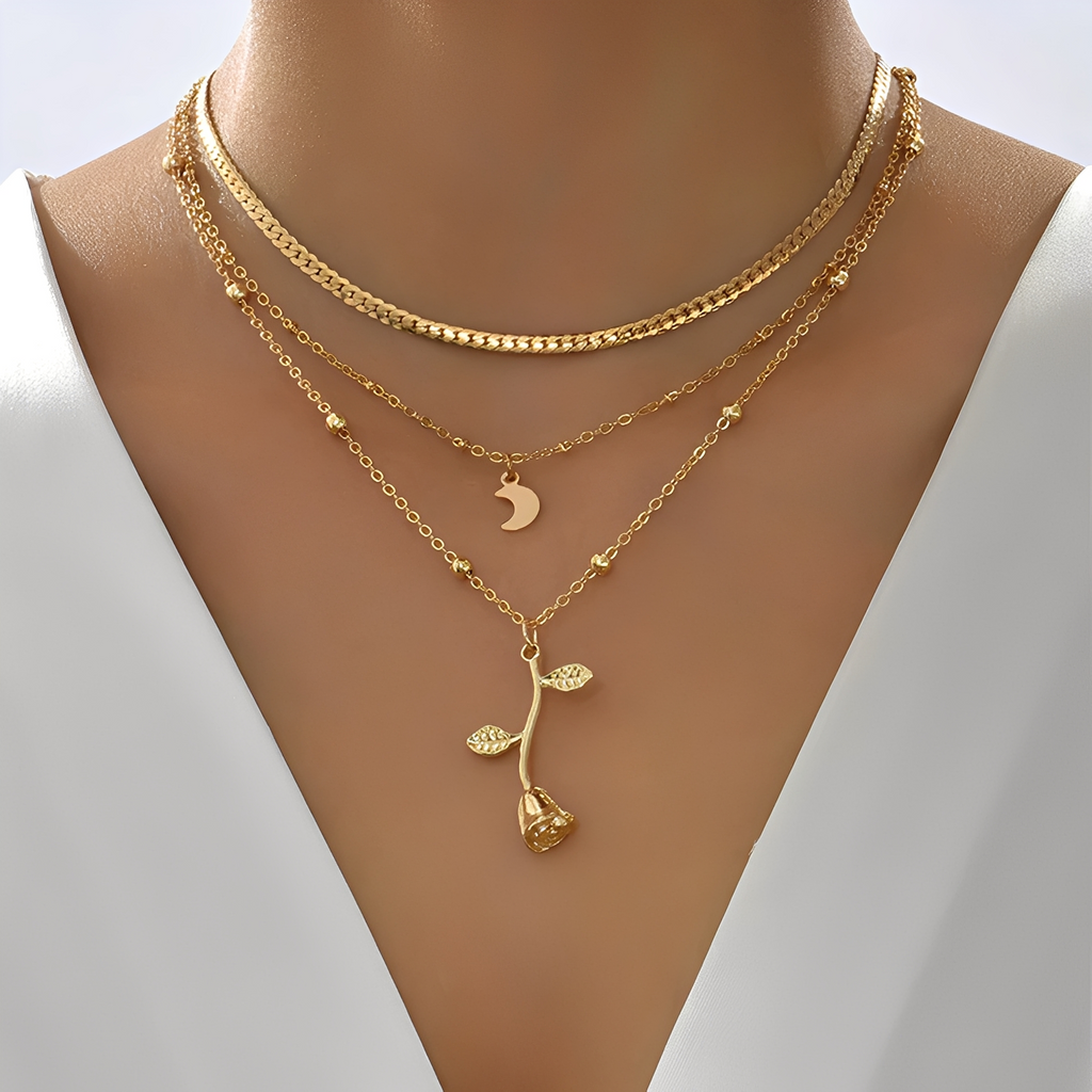 Sylvia – Anhänger-Halskette Rosa & Mond in Gold