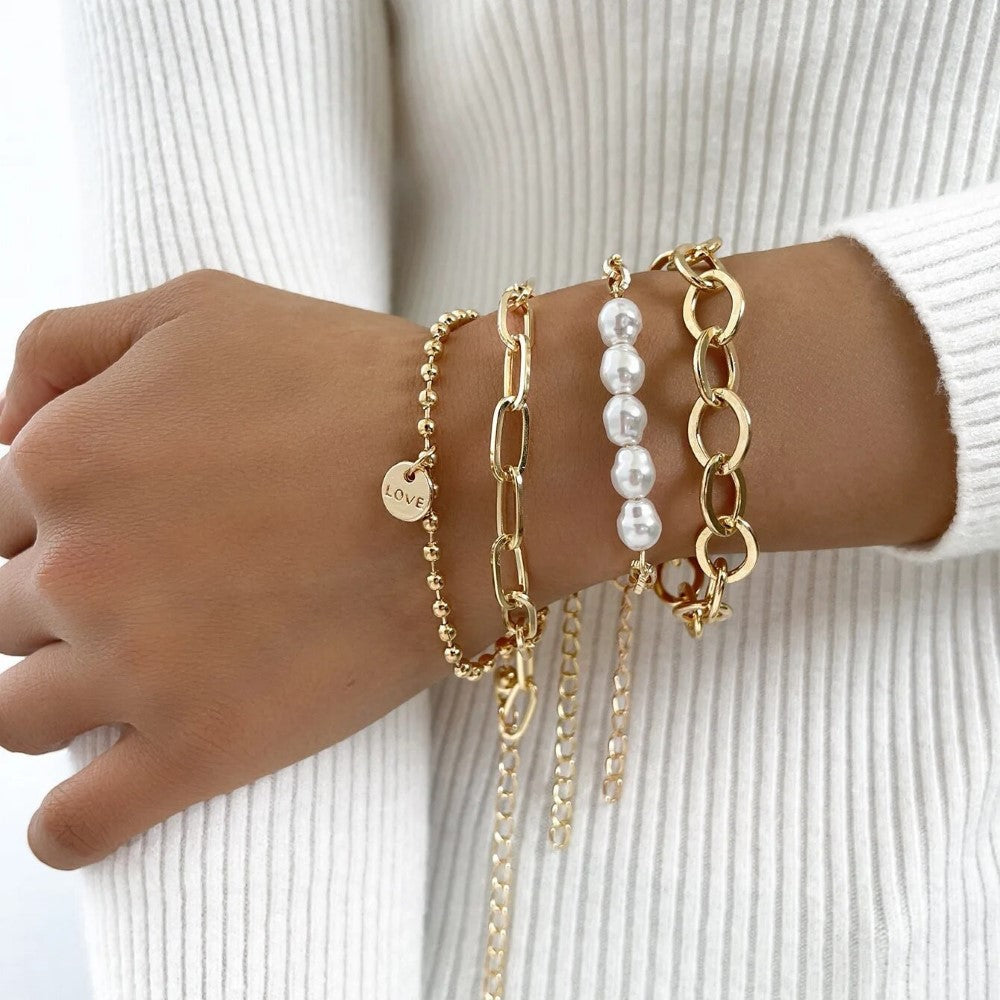 3-teiliges goldenes Perlenarmband - großes Kettenset