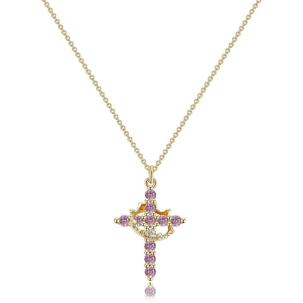 Damen Anhängerkette mit Kreuz- und Kronenmotiv und Steinbesatz
