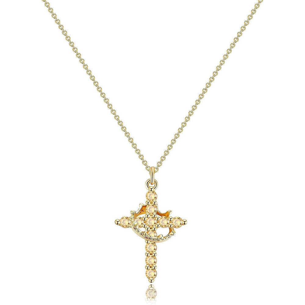 Damen Anhängerkette mit Kreuz- und Kronenmotiv und Steinbesatz