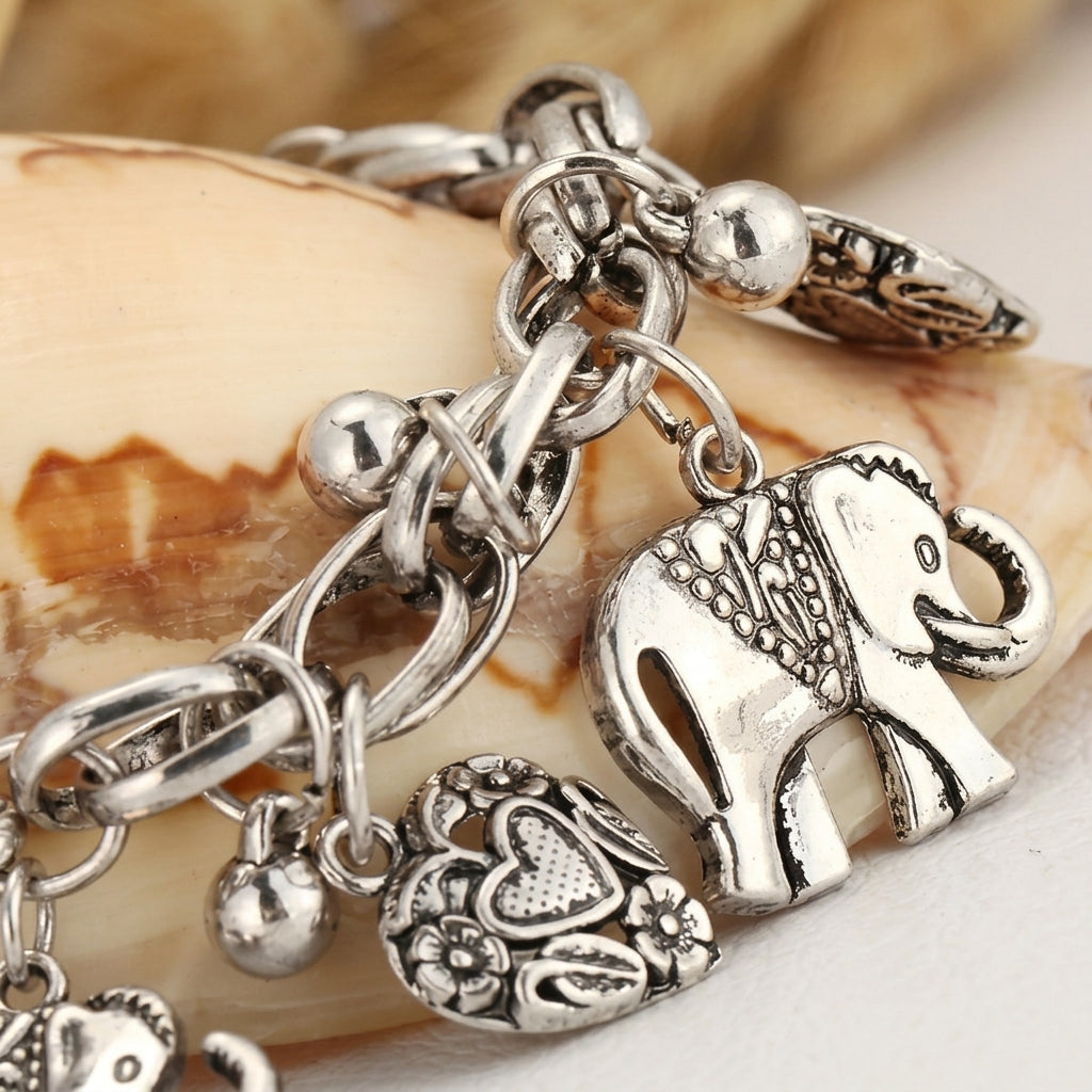 Damen Vintage Fußkette mit Elefanten- und Herzanhängern