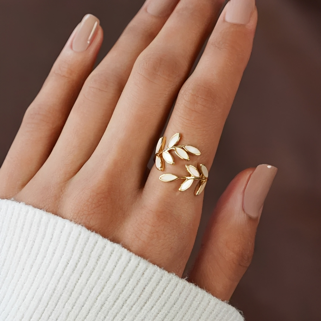 Damen Ring mit verstellbarem Blätter-Design und dekorativem Stein