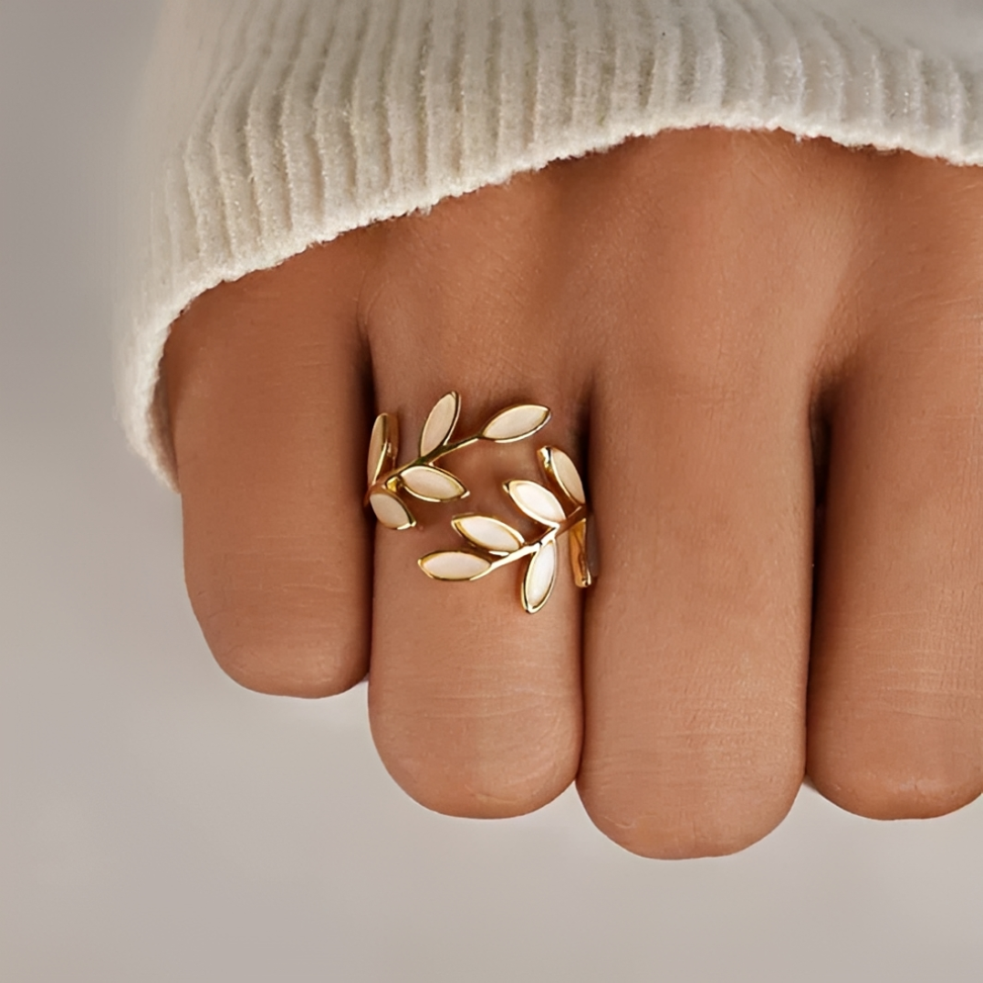 Damen Ring mit verstellbarem Blätter-Design und dekorativem Stein