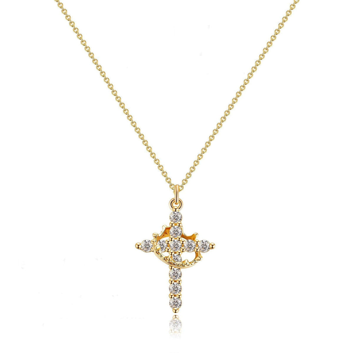 Damen Anhängerkette mit Kreuz- und Kronenmotiv und Steinbesatz