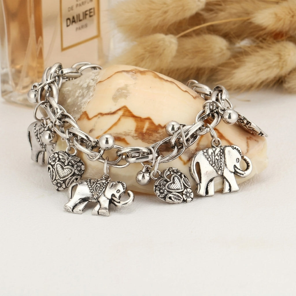 Damen Vintage Fußkette mit Elefanten- und Herzanhängern