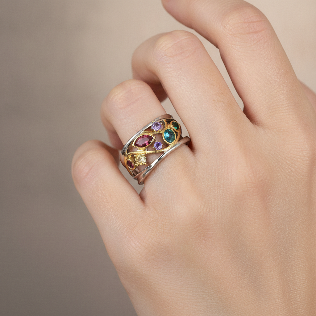 Zelina – Vintage Zweifarbiger Ring mit Strahlenden Mehrfarbigen Zirkonias