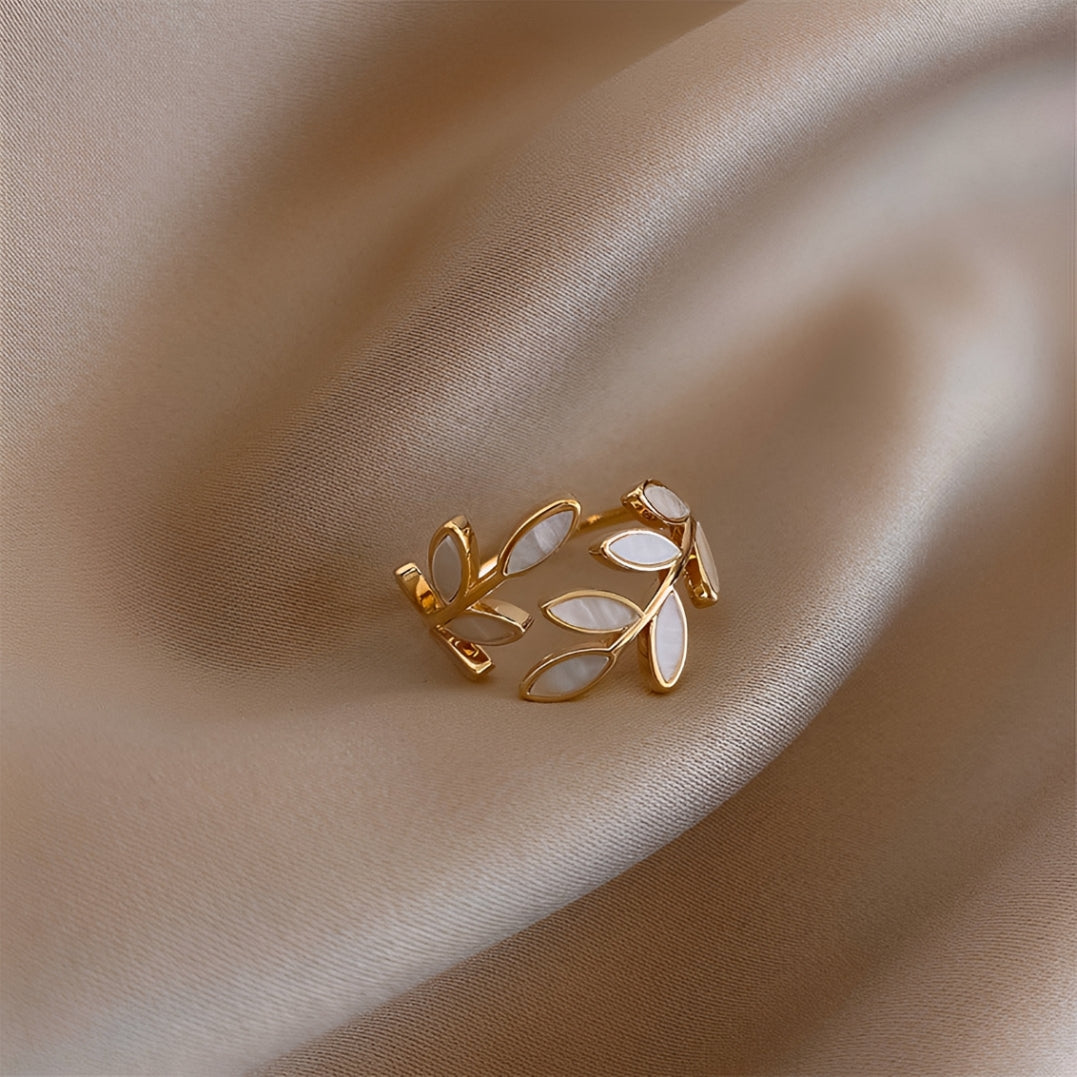 Damen Ring mit verstellbarem Blätter-Design und dekorativem Stein