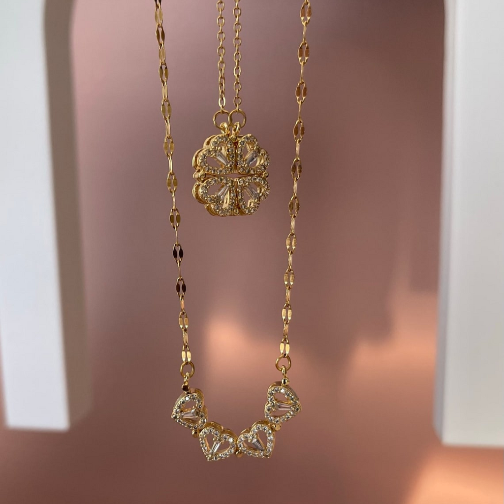 Kette mit vierblättrigem Kleeblatt - Magnetisches Herz-Anhänger