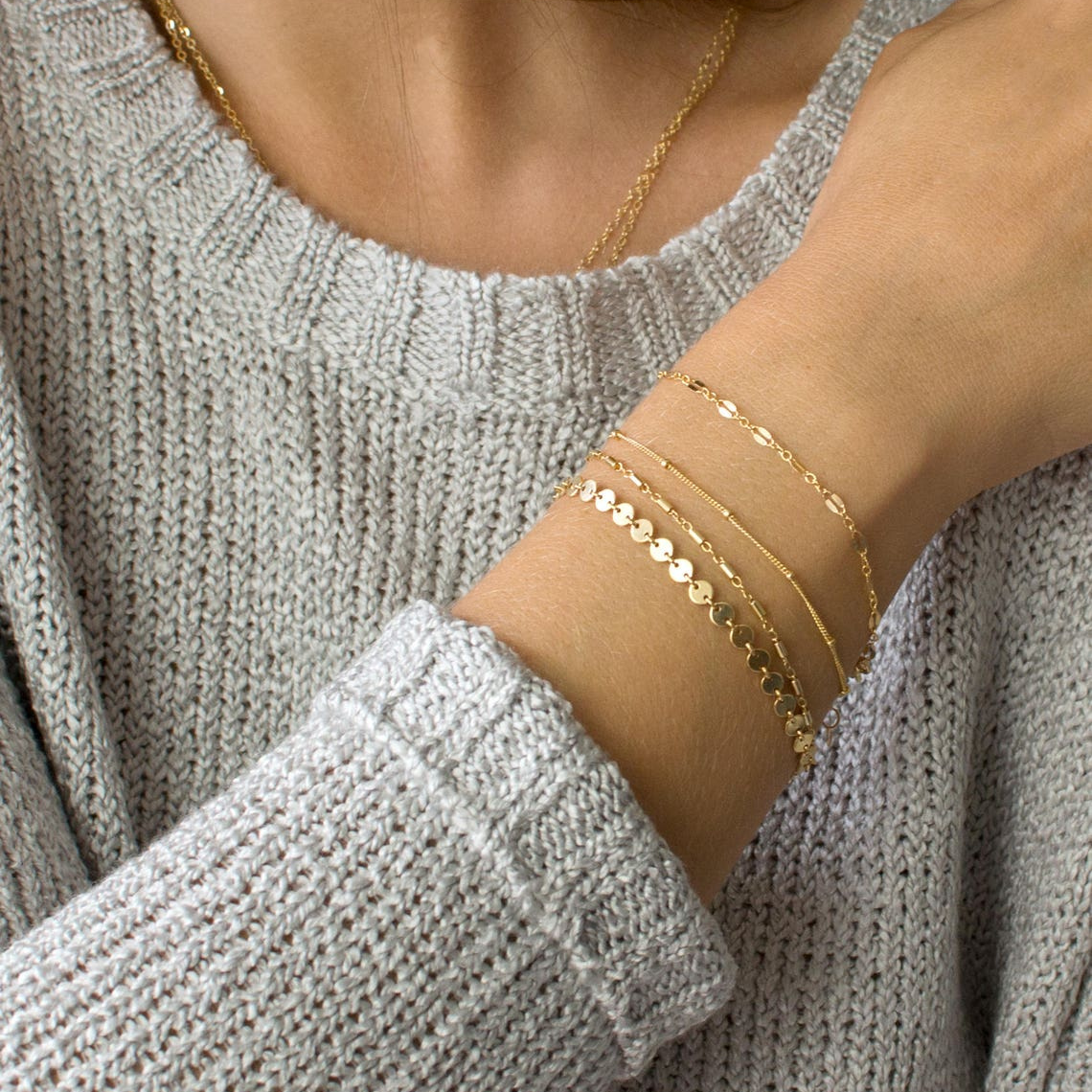 Scheiben-Armband mit Röhrenketten - Set von Lagen-Armbändern