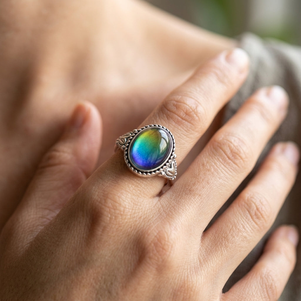 Damen Vintage Mood Ring mit zentralem Stein und dekorativem Banddesign