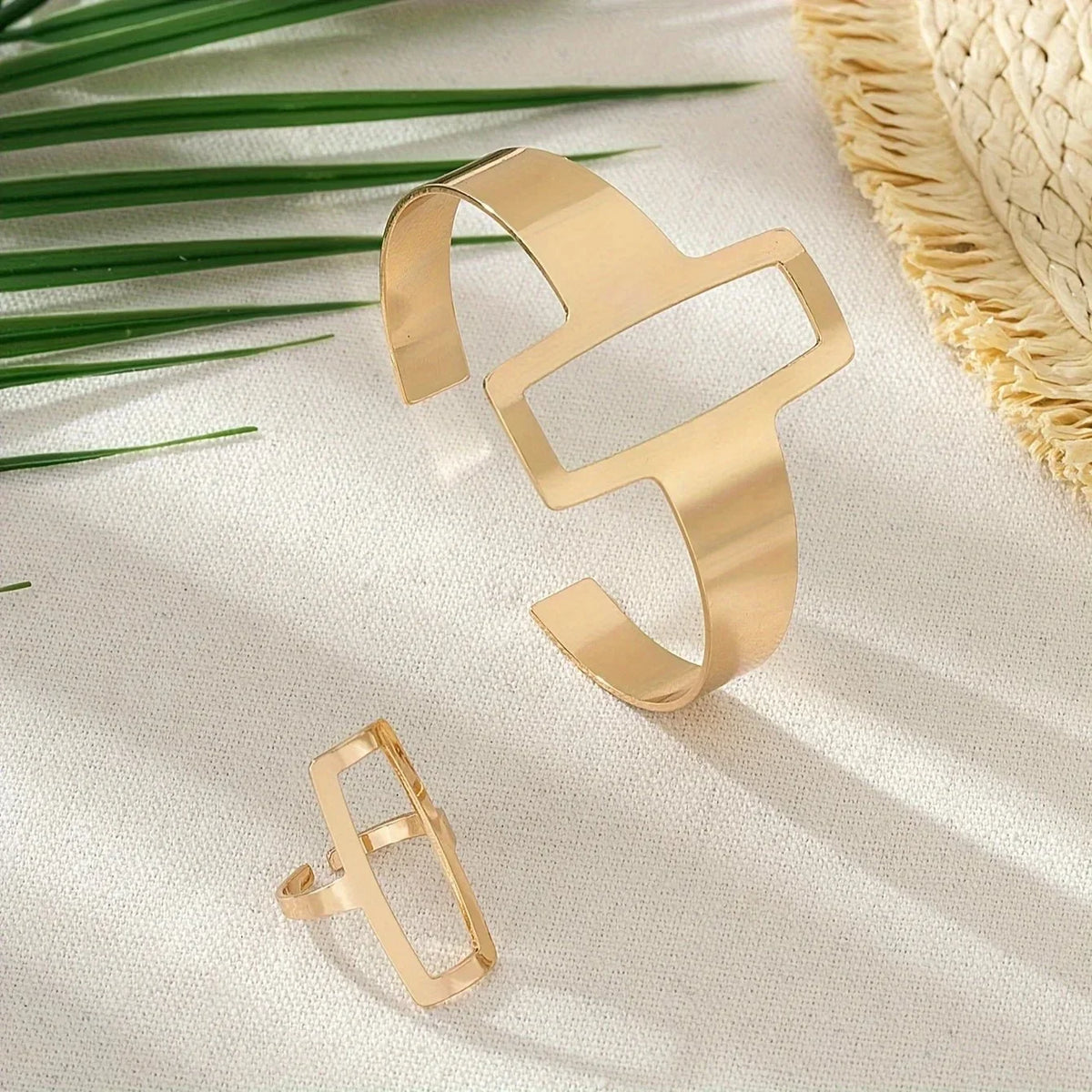 Verstellbares Armband- und Ring-Set für Damen mit geometrischem Rechteckmuster