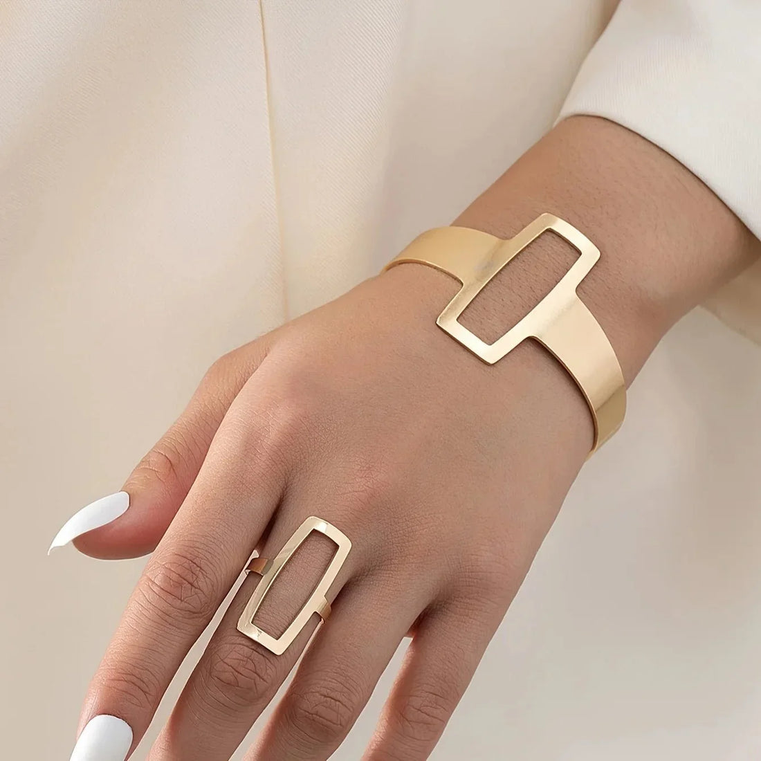 Verstellbares Armband- und Ring-Set für Damen mit geometrischem Rechteckmuster