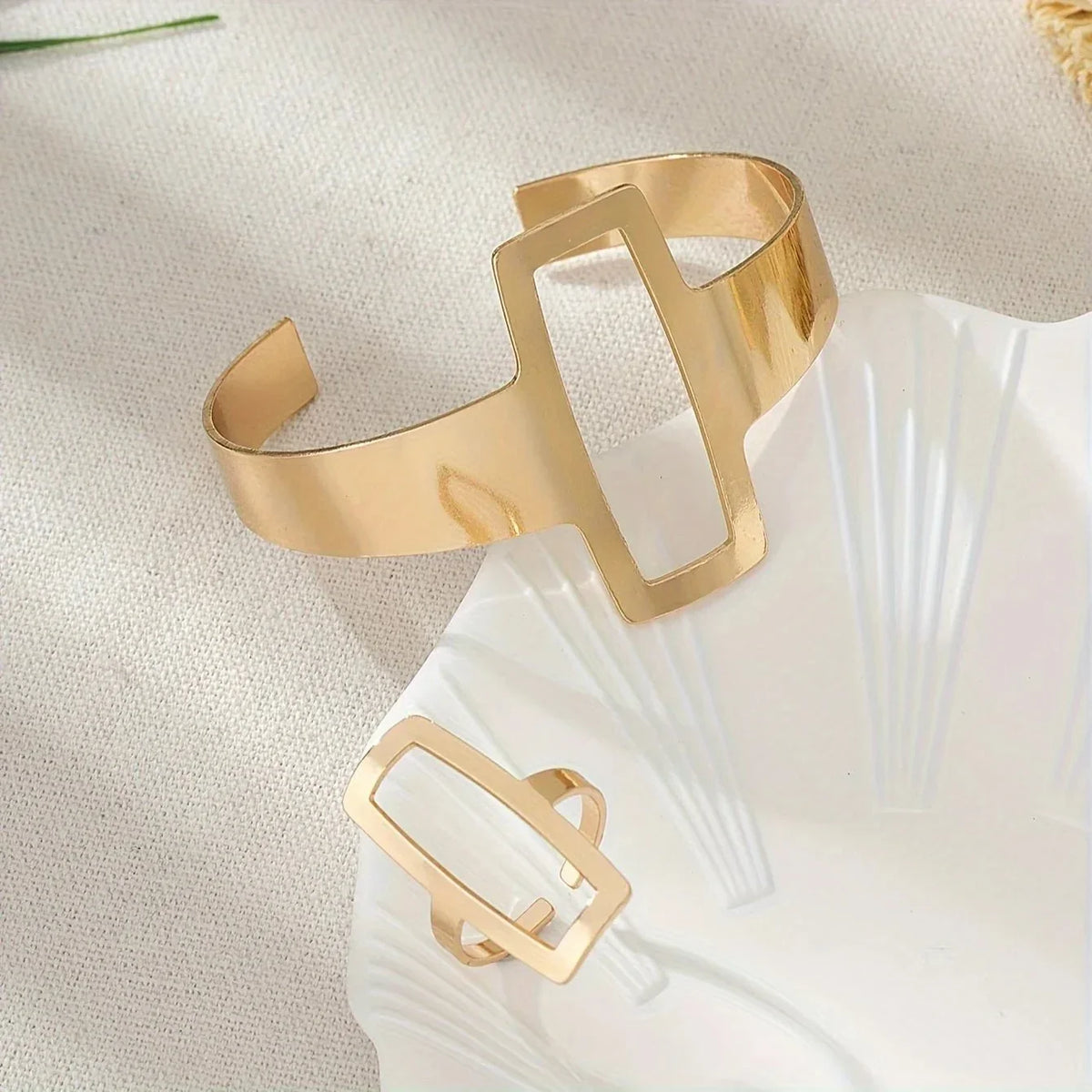 Verstellbares Armband- und Ring-Set für Damen mit geometrischem Rechteckmuster