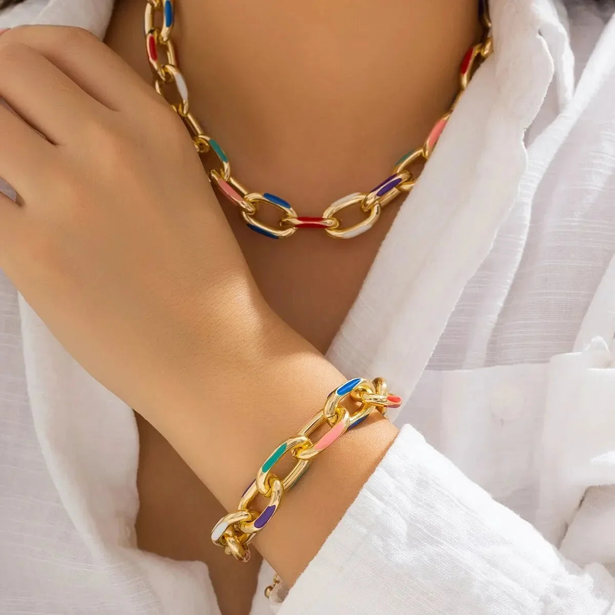 Damen 2-teiliges Set aus Kettenarmband und Halskette mit bunten Akzenten