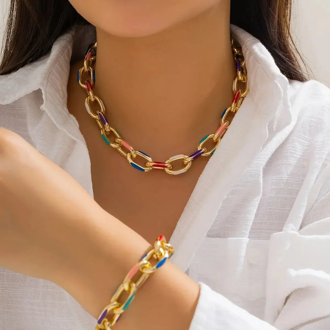 Damen 2-teiliges Set aus Kettenarmband und Halskette mit bunten Akzenten