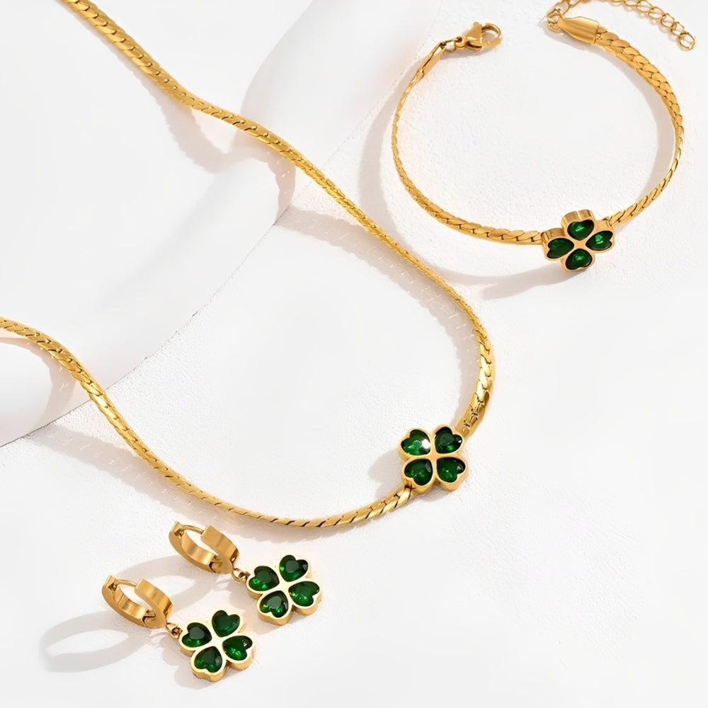 Damen 3-teiliges Schmuckset mit Vierblatt-Klee bestehend aus Halskette, Armband und Ohrringen