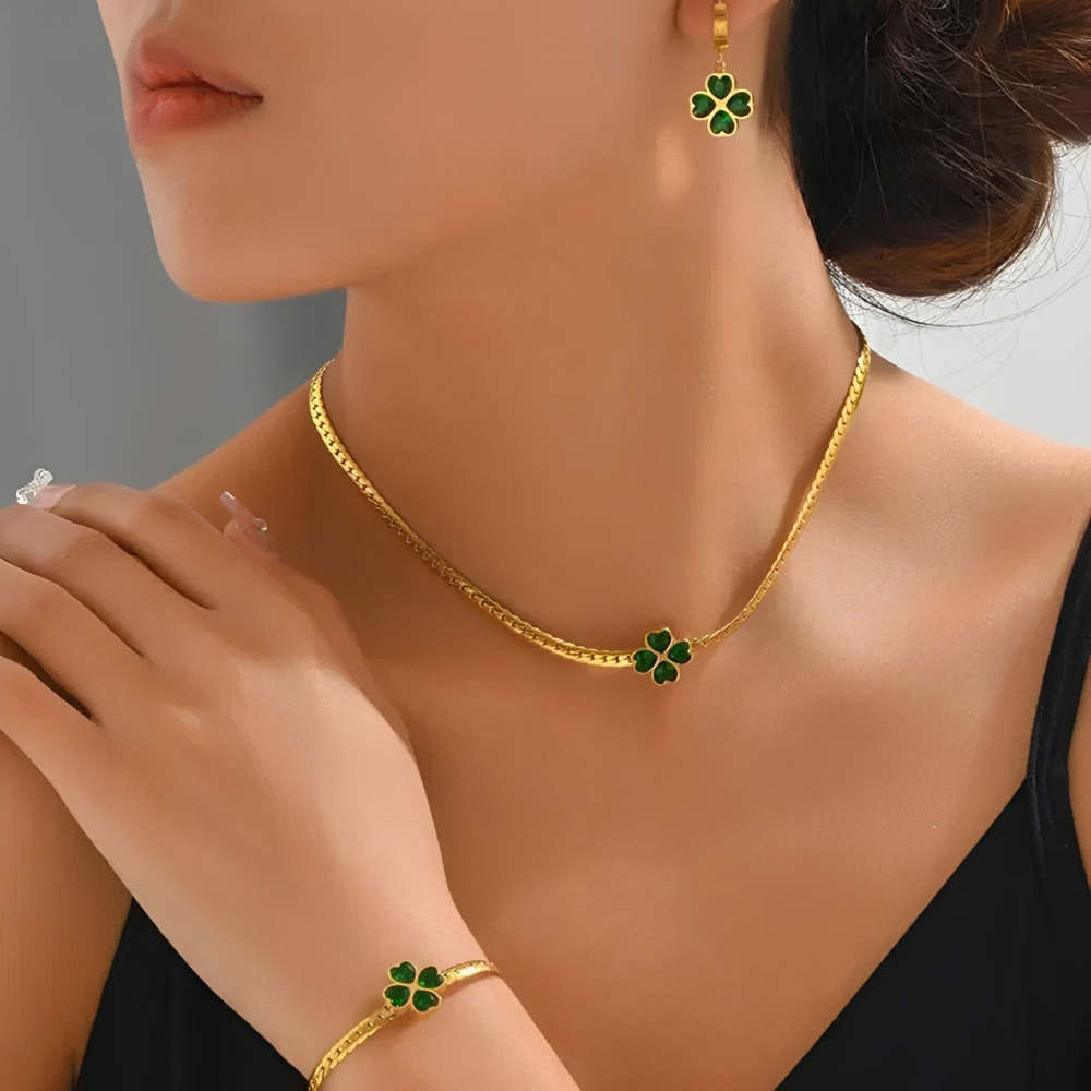 Damen 3-teiliges Schmuckset mit Vierblatt-Klee bestehend aus Halskette, Armband und Ohrringen