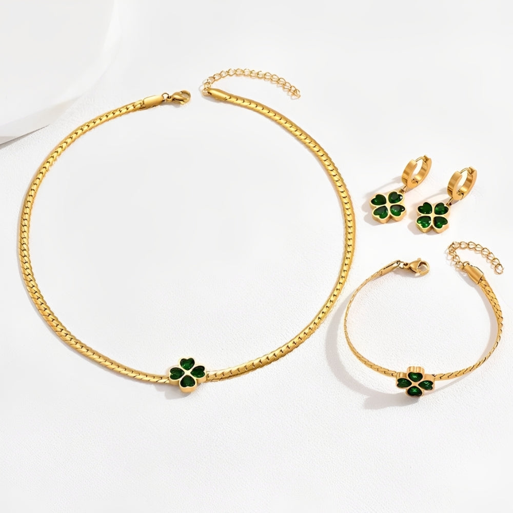 Damen 3-teiliges Schmuckset mit Vierblatt-Klee bestehend aus Halskette, Armband und Ohrringen